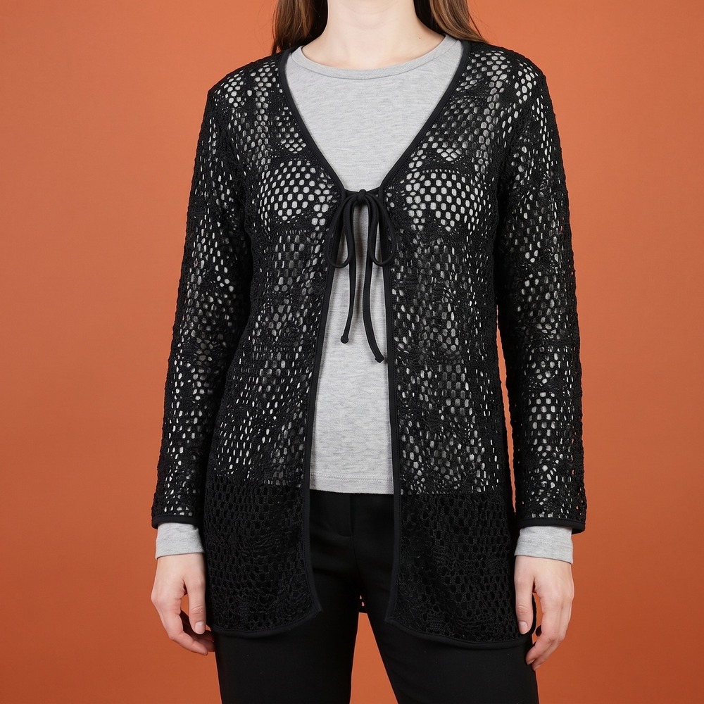 Westbound Beach Cardigan Womens L Crochet Swim Cover Up Black EUC
